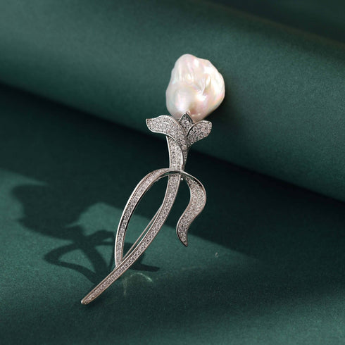 Tulip Baroque Pearl CZ Brooch - House Of Pearls